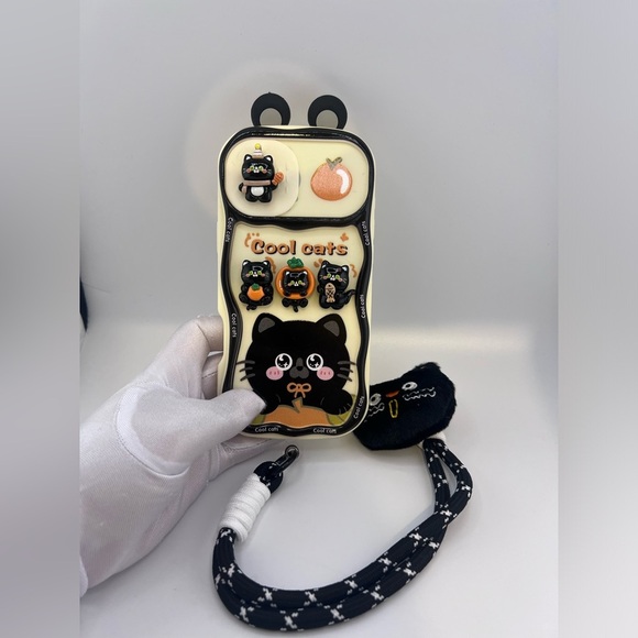 iPhone 16 Pro Max Case – Cute Black Cat Design with Plush Charm & Wrist Strap - Picture 4 of 9